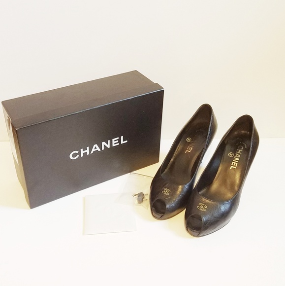 CHANEL Shoes - Authentic Chanel Peep Toe Black Heels with Logo